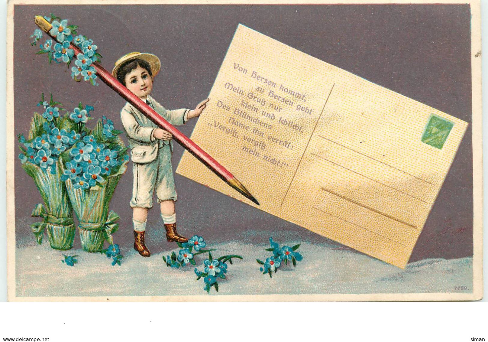 N°16248 - Carte Gaufrée - Garçon écrivant Avec  Un Crayon Décoré De Fleurs - Carte Postale - Deltiologie - Sonstige & Ohne Zuordnung