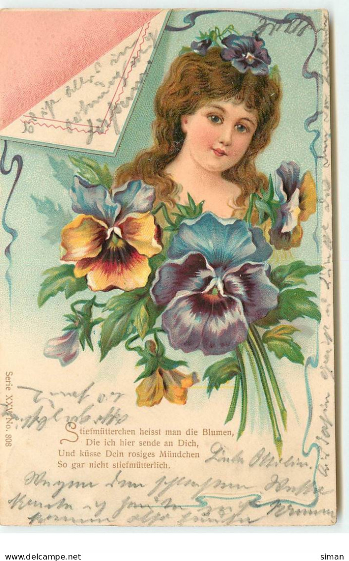 N°17399 - Carte Gaufrée - Jeune Femme Parmi Des Pensées - Frauen