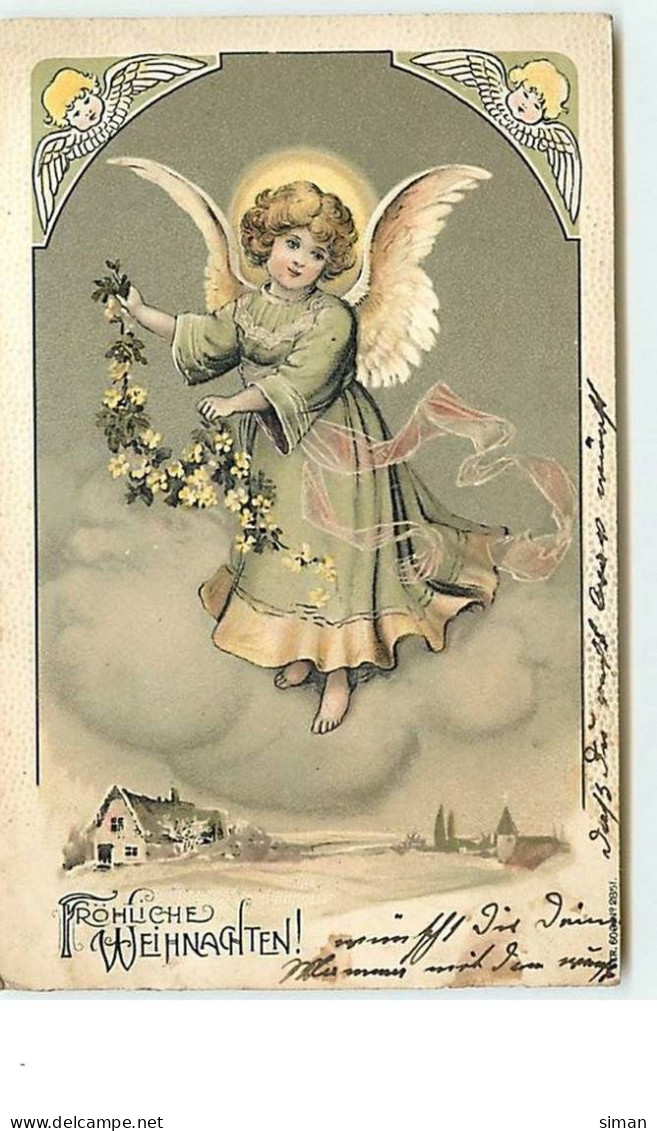 N°12849 - Carte Gaufrée - Fröhliche Weihnachten - Ange Avec Une Guirlande De Fleur - Other & Unclassified