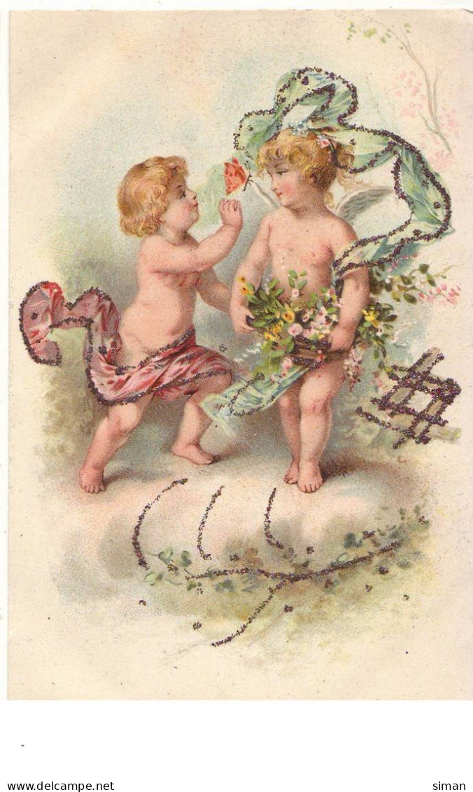 N°16249 - Deux Anges Avec Des Fleurs Et Des Voiles Décorées De Paillettes - Angeli