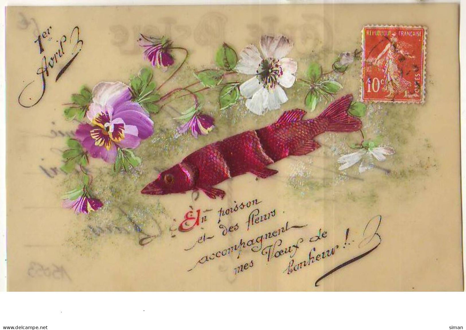 N°15053 - Carte Celluloïd - 1er Avril - Un Poisson Et Des Fleurs Accompagnent Mes Voeux De Bonheur - April Fool's Day