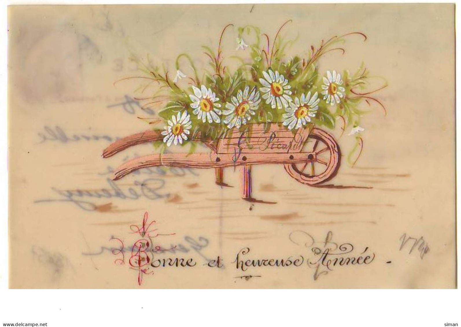N°15057 - Carte Celluloïd - Bonne Et Heureuse Année - Brouette Remplie De Fleurs - Anno Nuovo