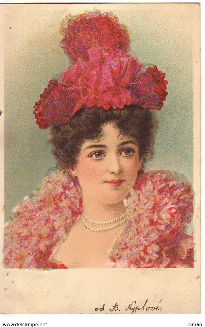 N°21652 - Carte Avec Petites Perles - Femme Portant Un Chapeau Rouge Et Un Collier De Perles - Mujeres