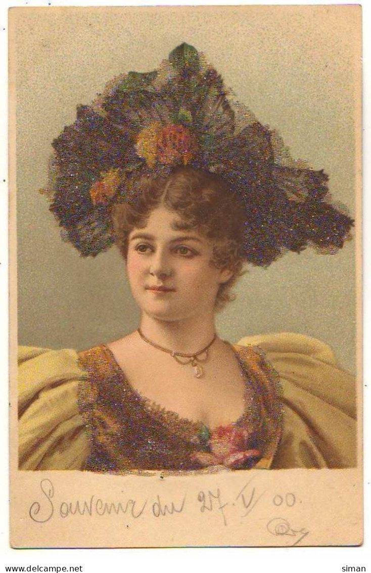 N°21653 - Carte Avec Petites Perles - Femme Portant Un Grand Chapeau Avec Des Roses - Mujeres