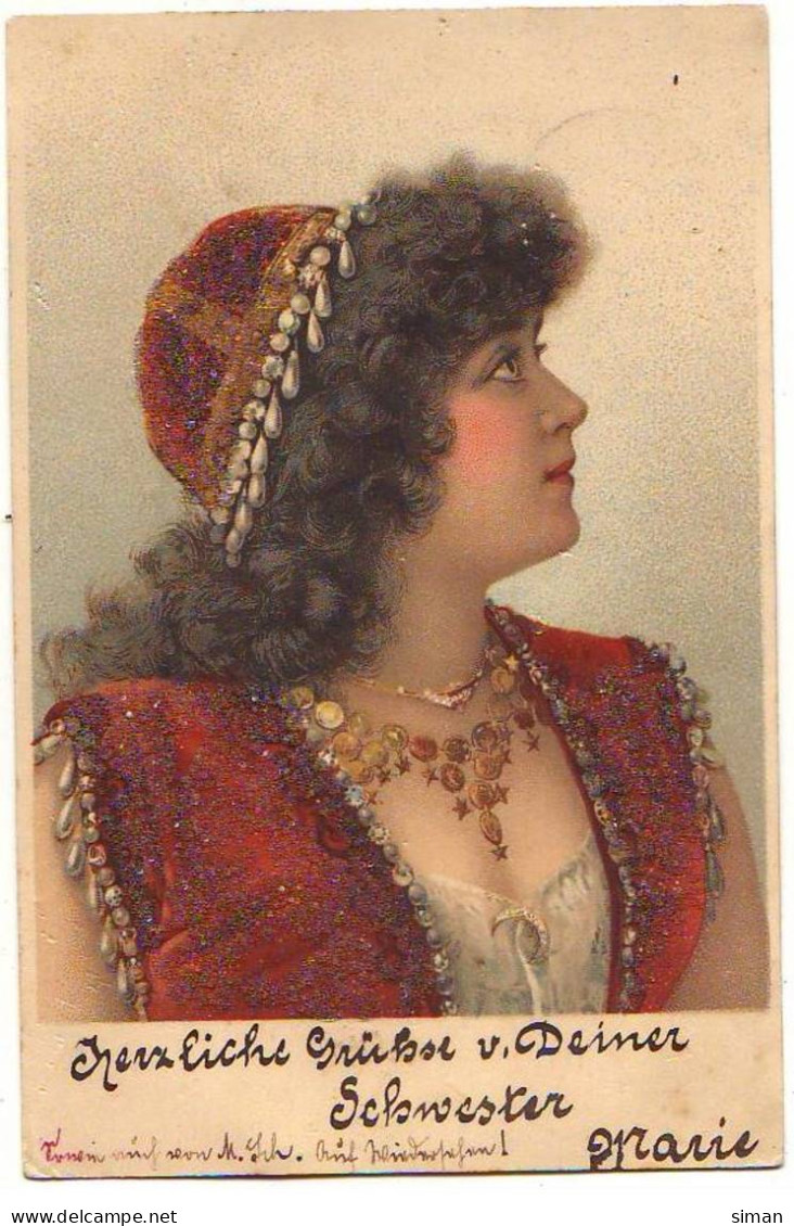 N°21654 - Carte Avec Petites Perles - Femme Type Gitane - Frauen