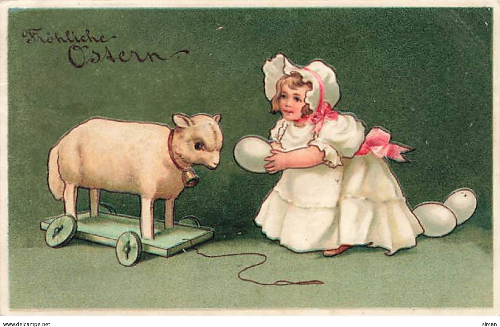 N°23808 - Carte Gaufrée - Clapsaddle - Pâques - Fröhliche Ostern - Fillette Montrant Un Oeuf à Un Mouton Sur Roulette - Pasen