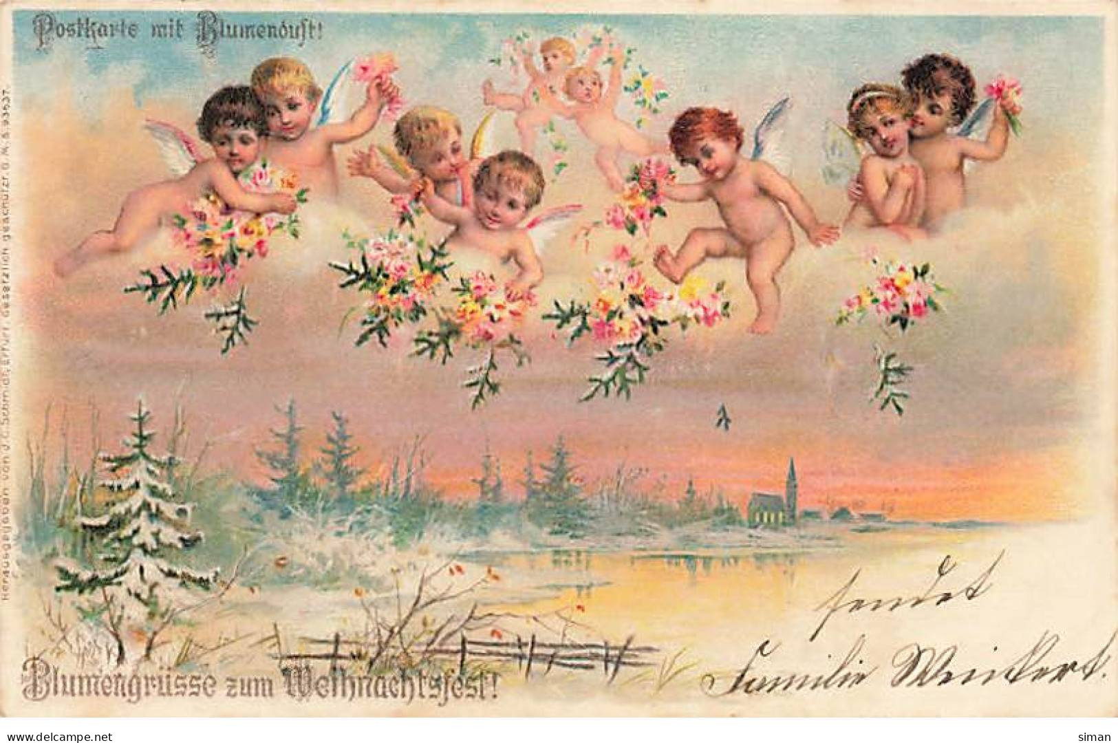 N°23810 - Noël - Blumengrüsse Zum Weihnachtfest - Couples D'anges Avec Des Fleurs Au-dessus D'un étang - Other & Unclassified