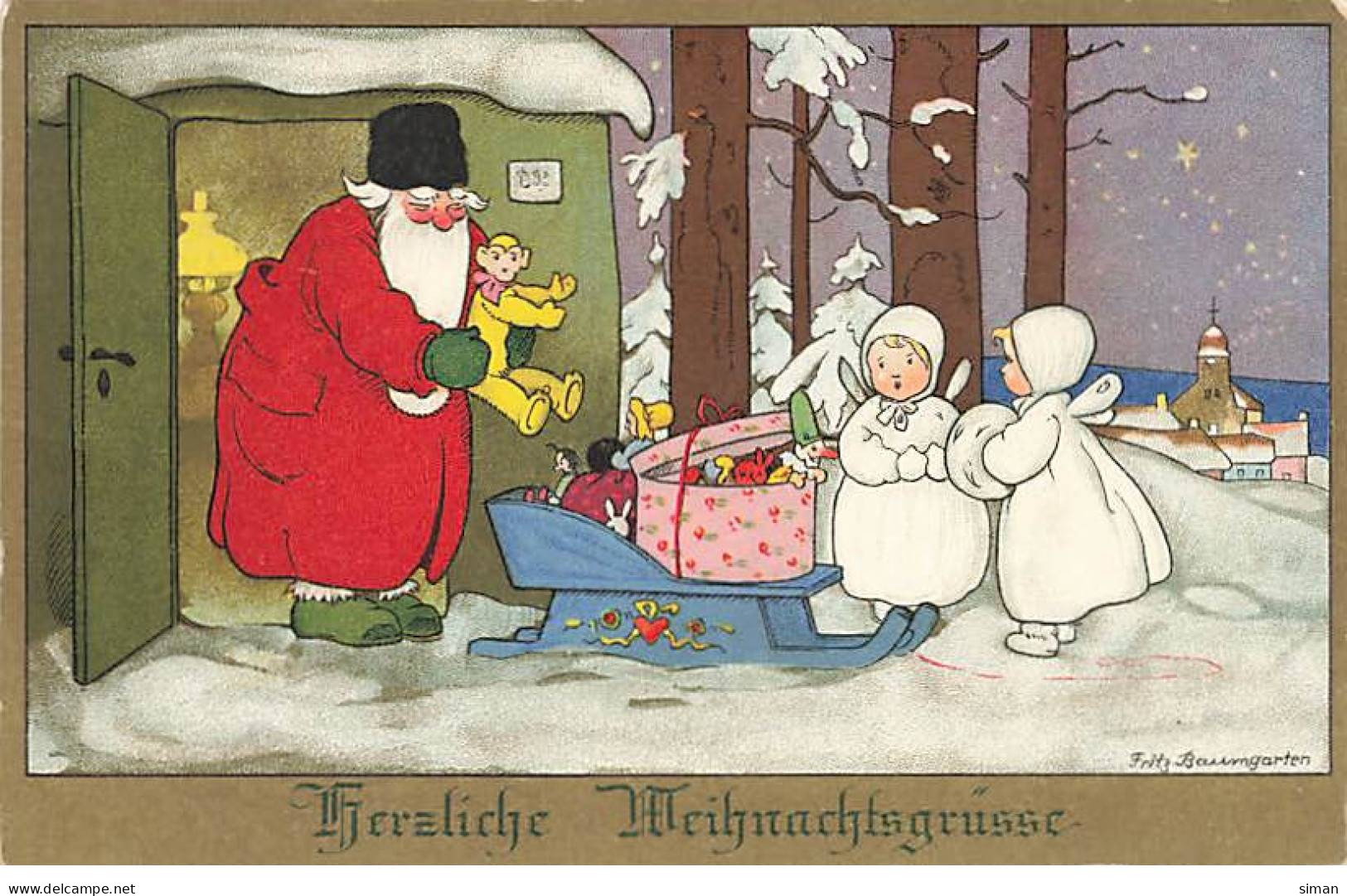 N°23811 - Noël - F. Baumgarten - Herzliche Weihnachtsgrüsse - Père Noël Chargeant De Jouets Un Traîneau, Angelots - Otros & Sin Clasificación