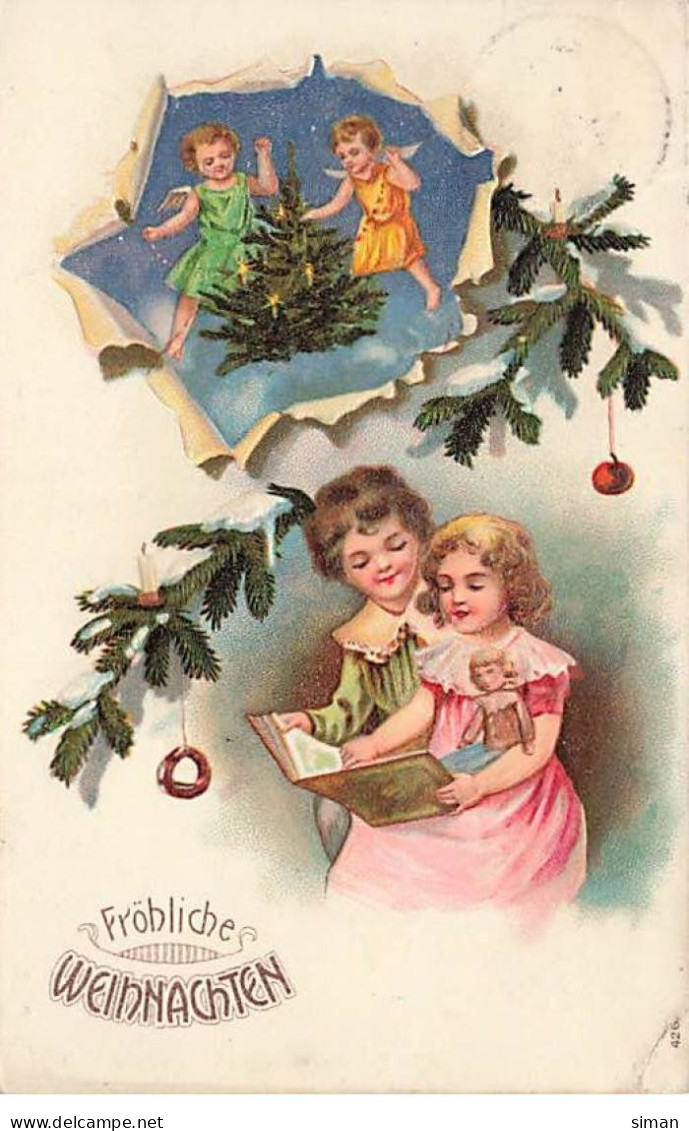 N°23814 - Carte Gaufrée - Noël - Frôhliche Weihnachten - Anges Apportant Un Sapin, Tandis Que Des Enfants Lisent - Otros & Sin Clasificación