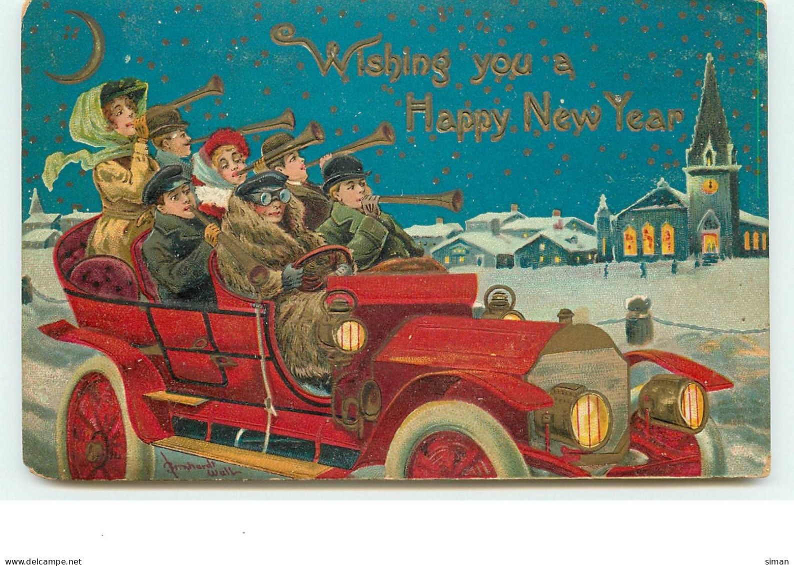 N°15073 - Carte Gaufrée - Wishing You A Happy New Year - Hommes Et Femmes Dans Une Voiture Sous La Neige - Anno Nuovo