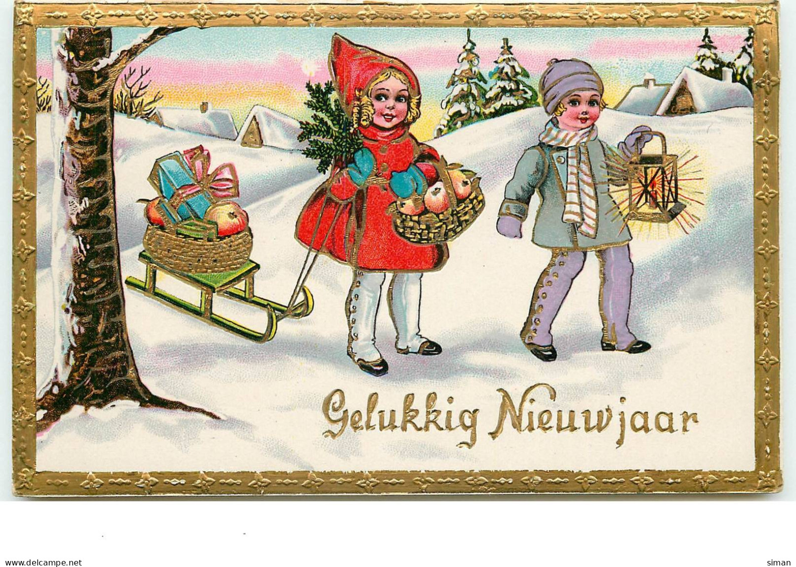 N°15077 - Carte Gaufrée - Gelukkig NieuwJaar - Enfants Tirant Une Luge Remplie De Cadeaux - Anno Nuovo