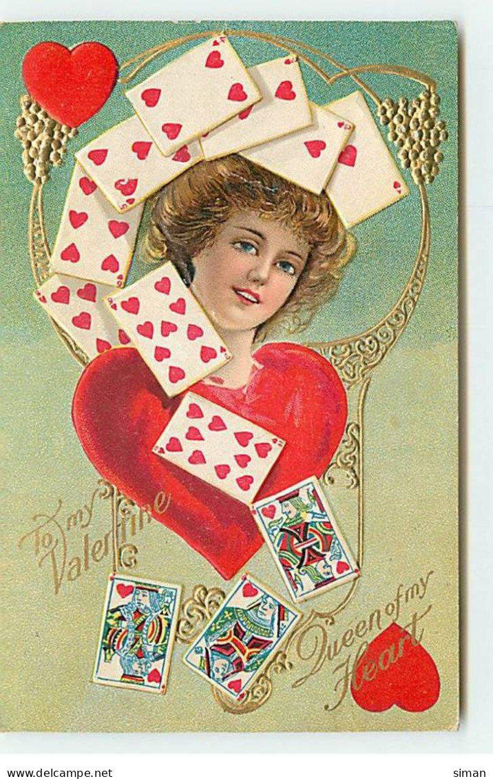 N°19468 - Carte Gaufrée - To My Valentine Queen Of My Heart - Portrait D'une Jeune Femme Entourée De Cartes à Jouer - Valentijnsdag