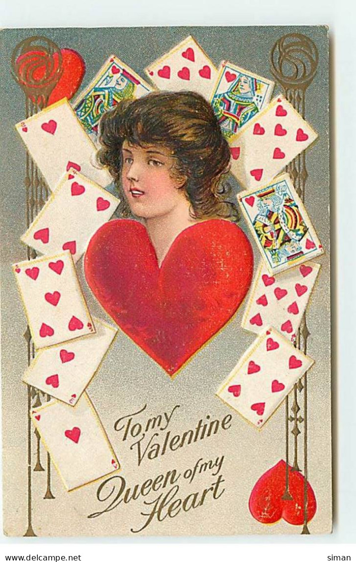 N°19467 - Carte Gaufrée - To My Valentine Queen Of My Heart - Portrait D'une Jeune Femme Entourée De Cartes à Jouer - Saint-Valentin