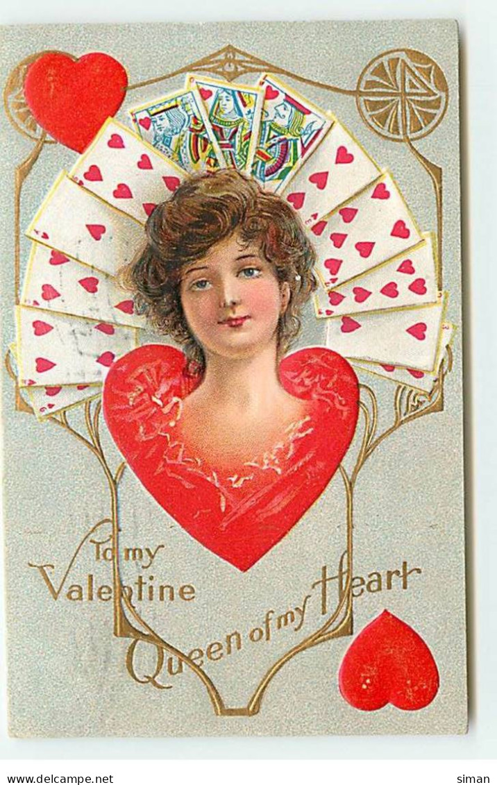 N°19469 - Carte Gaufrée - To My Valentine Queen Of My Heart - Portrait D'une Jeune Femme Entourée De Cartes à Jouer - San Valentino