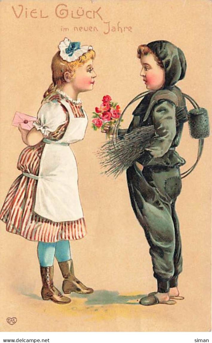 N°23821 - Carte Gaufrée - Nouvel An - Ramoneur Offrant Des Fleurs à Une Jeune Fille - Anno Nuovo