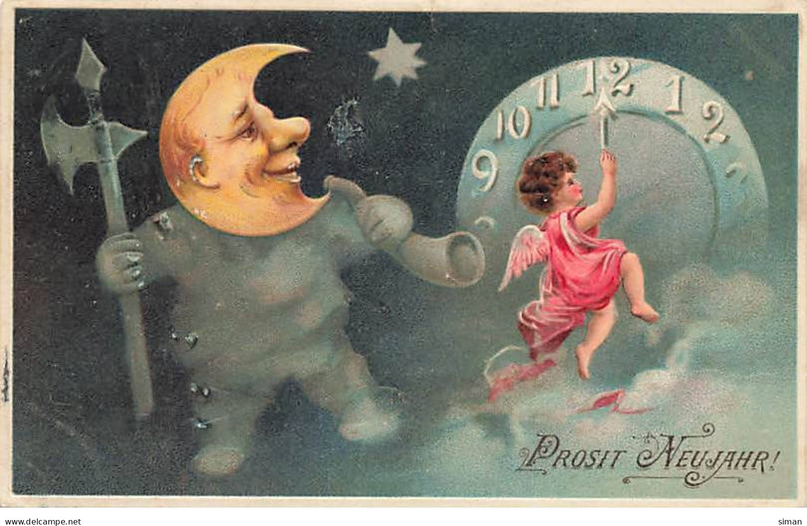 N°23825 - Carte Gaufrée - Prosit Neujahr - Ange Règlant L'heure Sous Le Regard D'une Lune Humanisée - Nouvel An