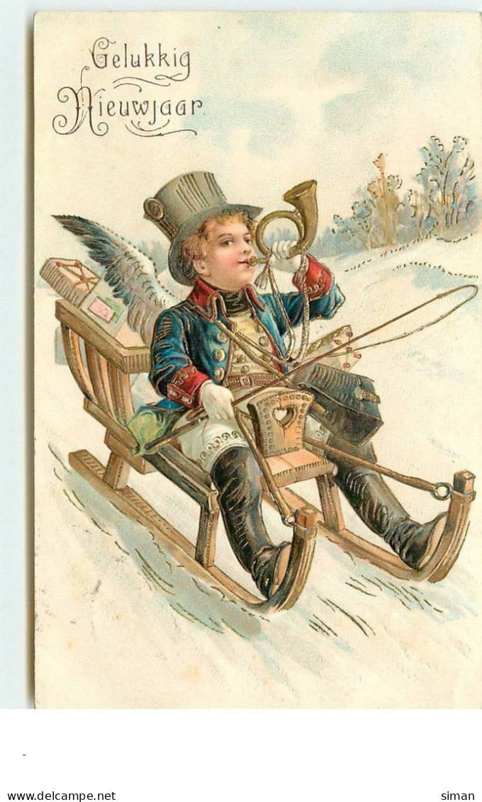 N°15085 - Carte Gaufrée - Gelukkig Nieuwjaar - Ange Sur Une Luge Apportant Des Cadeaux - Anno Nuovo