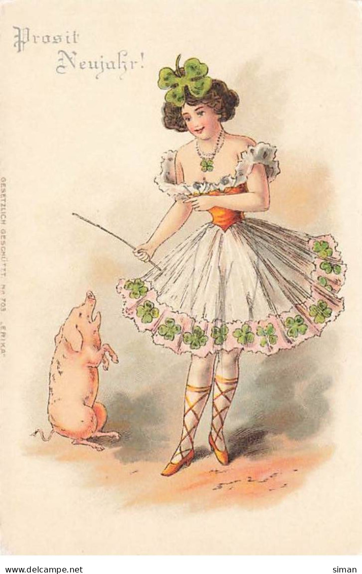 N°23828 - Nouvel An - Prosit Neujahr - Jeune Femme Dressant Un Cochon - Anno Nuovo