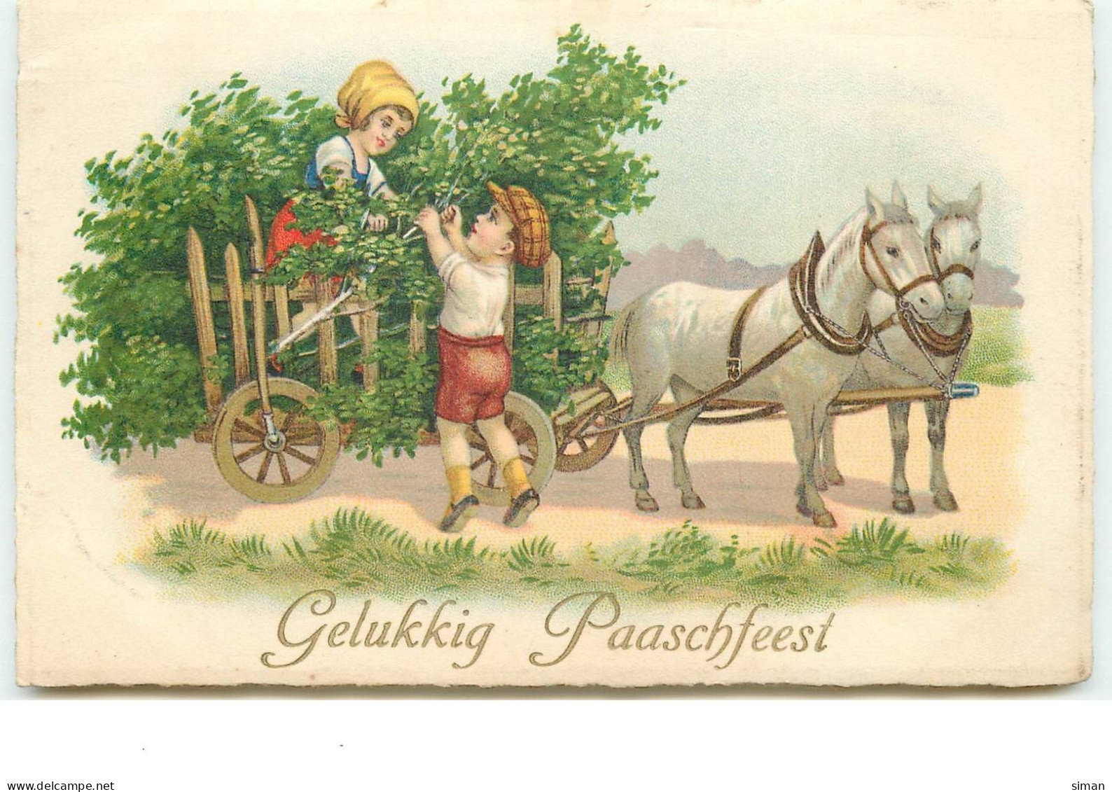 N°15087 - Gelukkig Paaschfeest - Garçon Et Fillette Remplissant Une Charette Avec Des Branches - Pasen