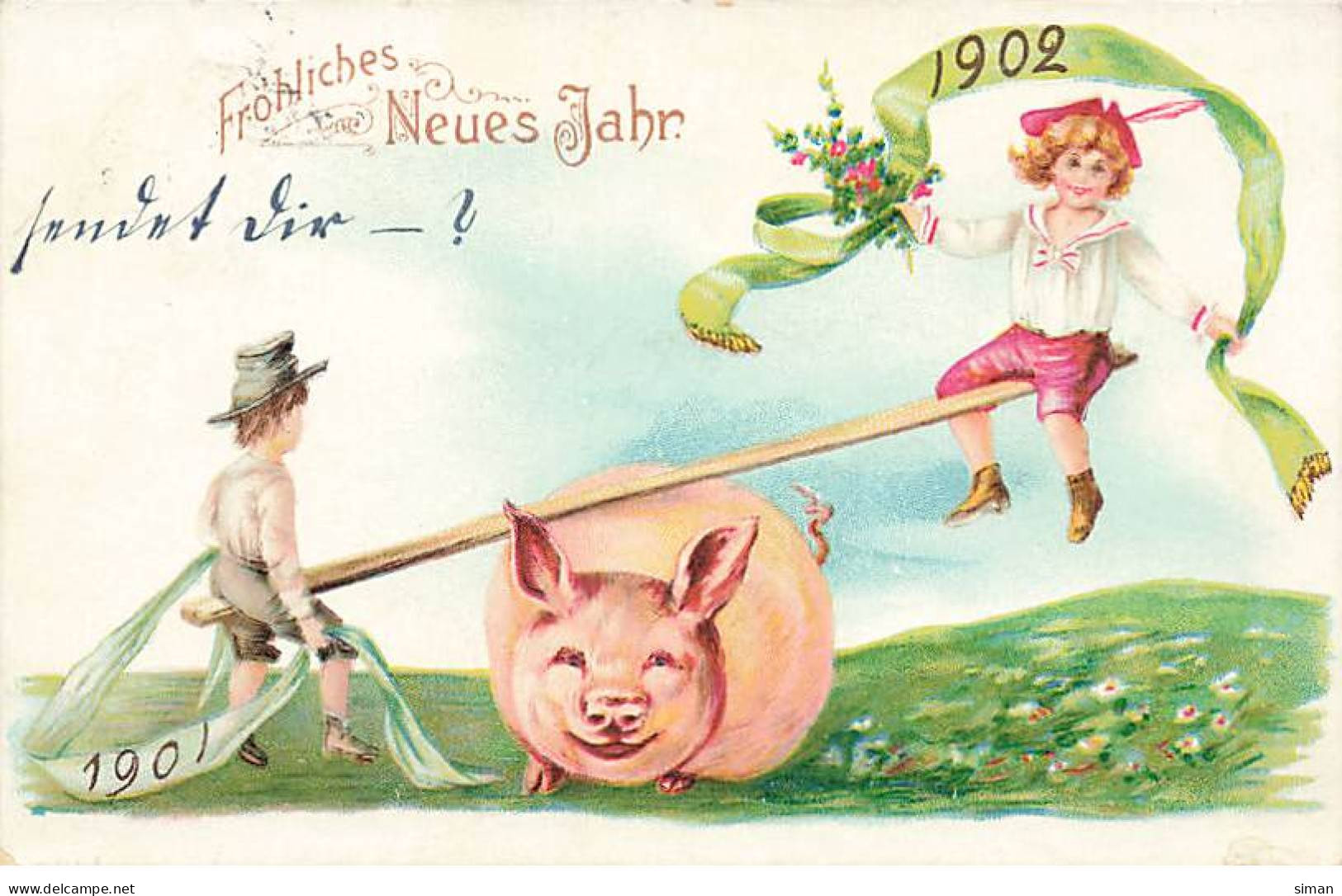 N°23829 - Nouvel An - Fröhliches Neues Jahr - Enfants Jouant à La Balancelle Avec Un Cochon - Nouvel An