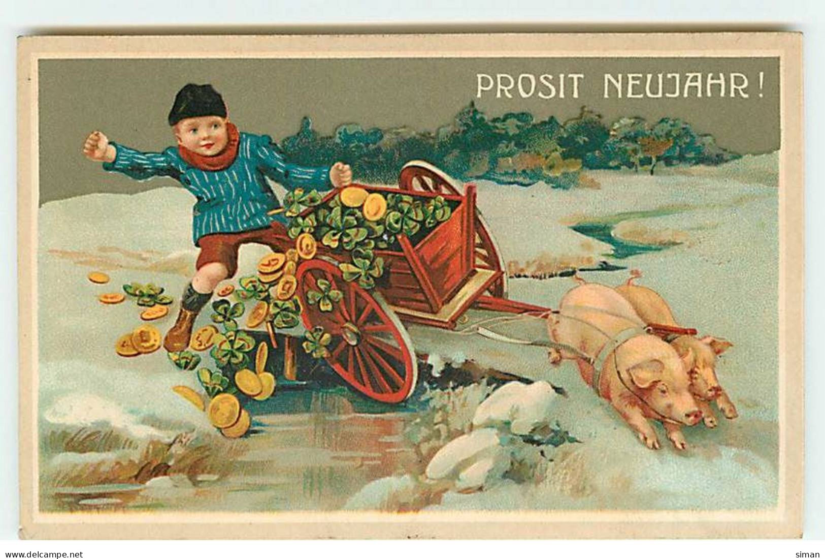 N°21680 - Prosit Neujahr ! - Cochons Tirant Un Chariot Rempli De Trèfles Et De Pièces D'or - Año Nuevo