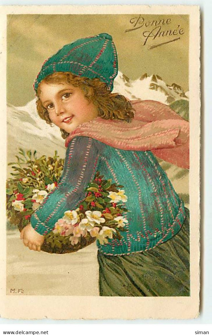 N°19480 - Bonne Année - Marie Flatscher - Jeune Fille Portant Sous Le Bras Un Panier Rempli De Fleurs - Año Nuevo