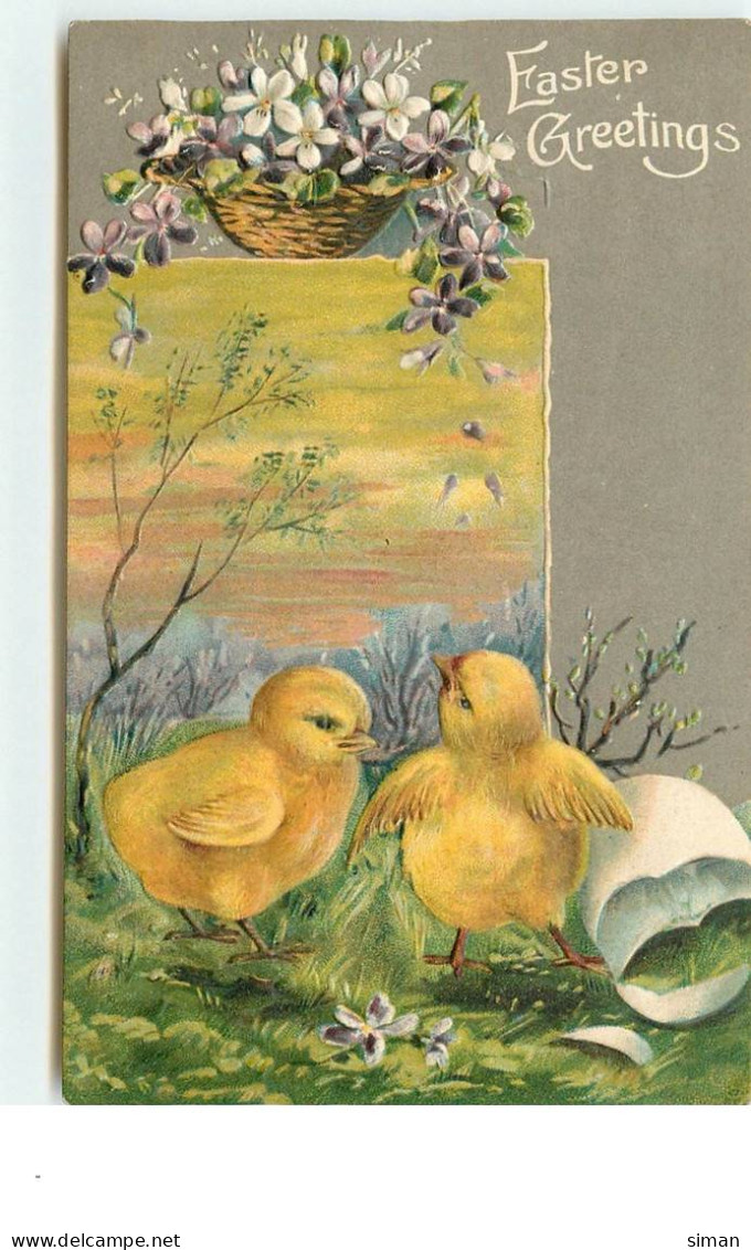 N°15094 - Carte Gaufrée - Easter Greetings - Poussins Et Panier Rempli De Fleurs - Pasen