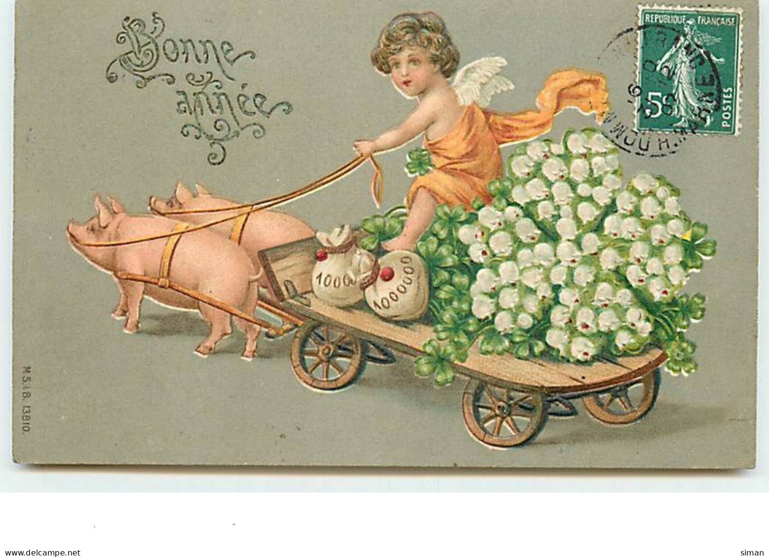 N°13884 - Carte Gaufrée - Bonne Année - Ange Conduisant Une Charette Remplie De Muguet, Et Tirée Par Des Cochons - Año Nuevo