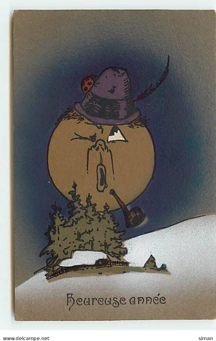 N°19485 - Heureuse Année - Lune Humanisée Fumant La Pipe, Portant Un Chapeau Avec Une Coccinelle Dessus - Anno Nuovo