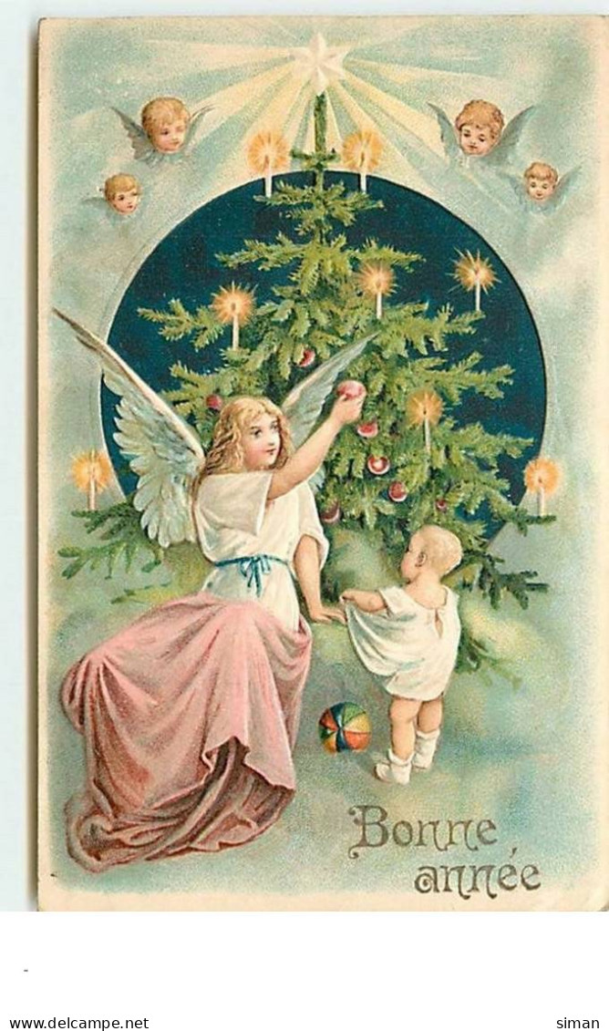N°13885 - Carte Gaufrée - Bonne Année - Ange Gardien Donnant Une Pomme à Un Bébé - Nouvel An