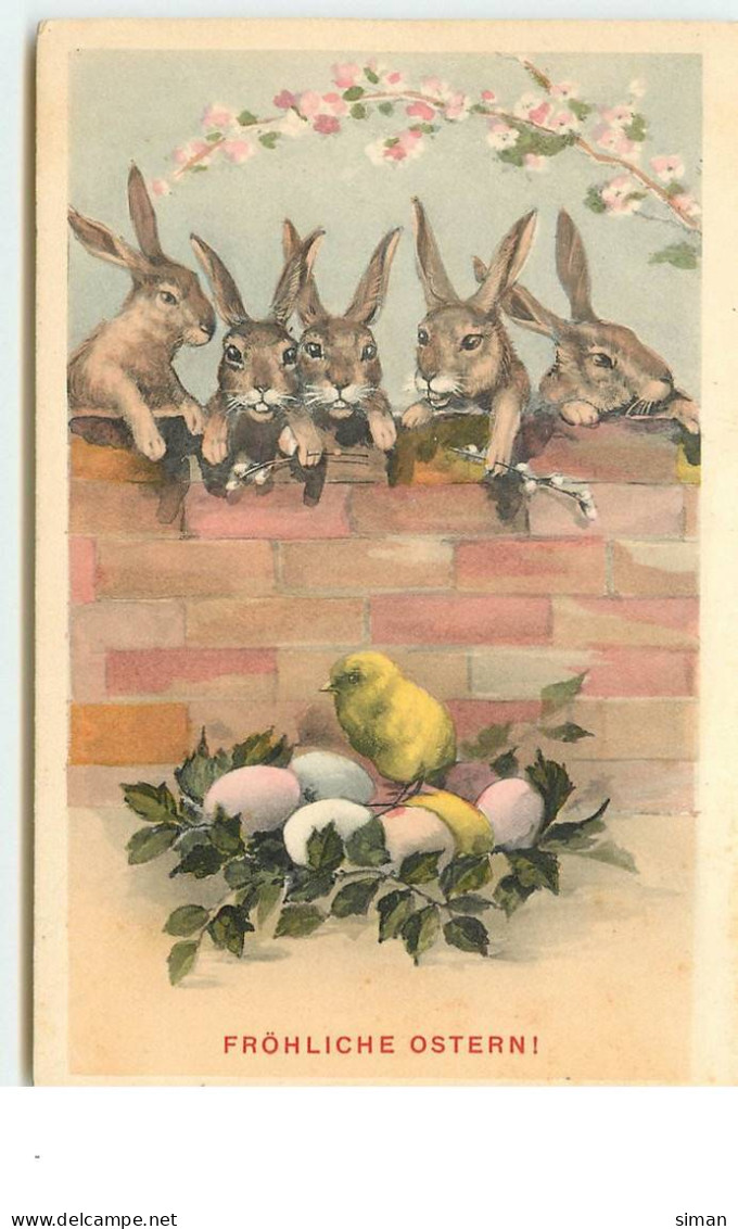 N°15097 - Fröhliche Ostern - Lièvres Regardant Un Poussin Sur Des Oeufs - Pasen