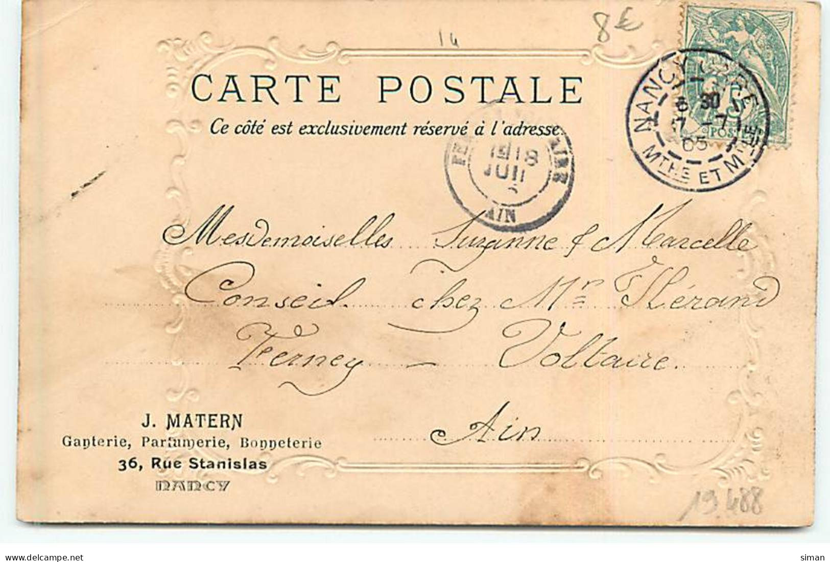 N°19488 - Carte Gaufrée - Portrait D'une Jeune Fille - J. Matern - Ganterie, Parfumerie, Bonneterie - Nancy - Autres & Non Classés