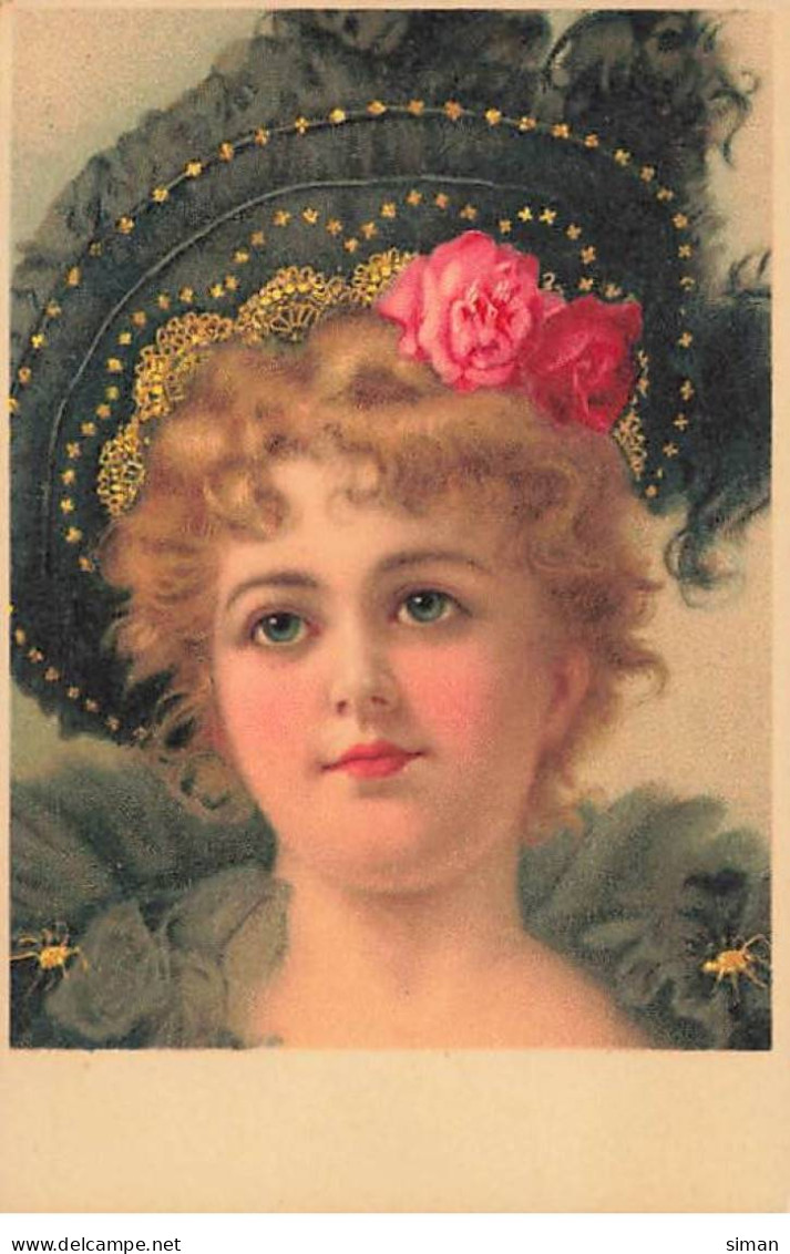 N°23841 - Fantaisie - Jeune Femme Portant Un Chapeau Avec Des Plumes, Et Des Roses Dans Les Cheveux - Mujeres