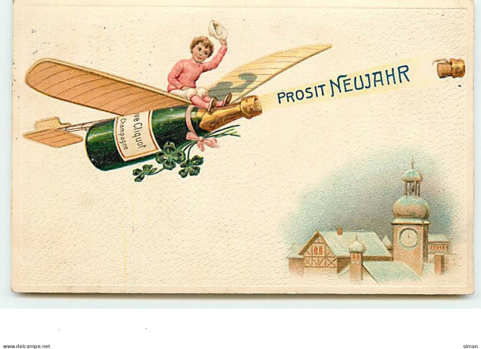 N°13891 - Carte Gaufrée - Prosit Neujahr - Enfant à Califourchon Sur Une Bouteille De Champagne En Avion - Anno Nuovo