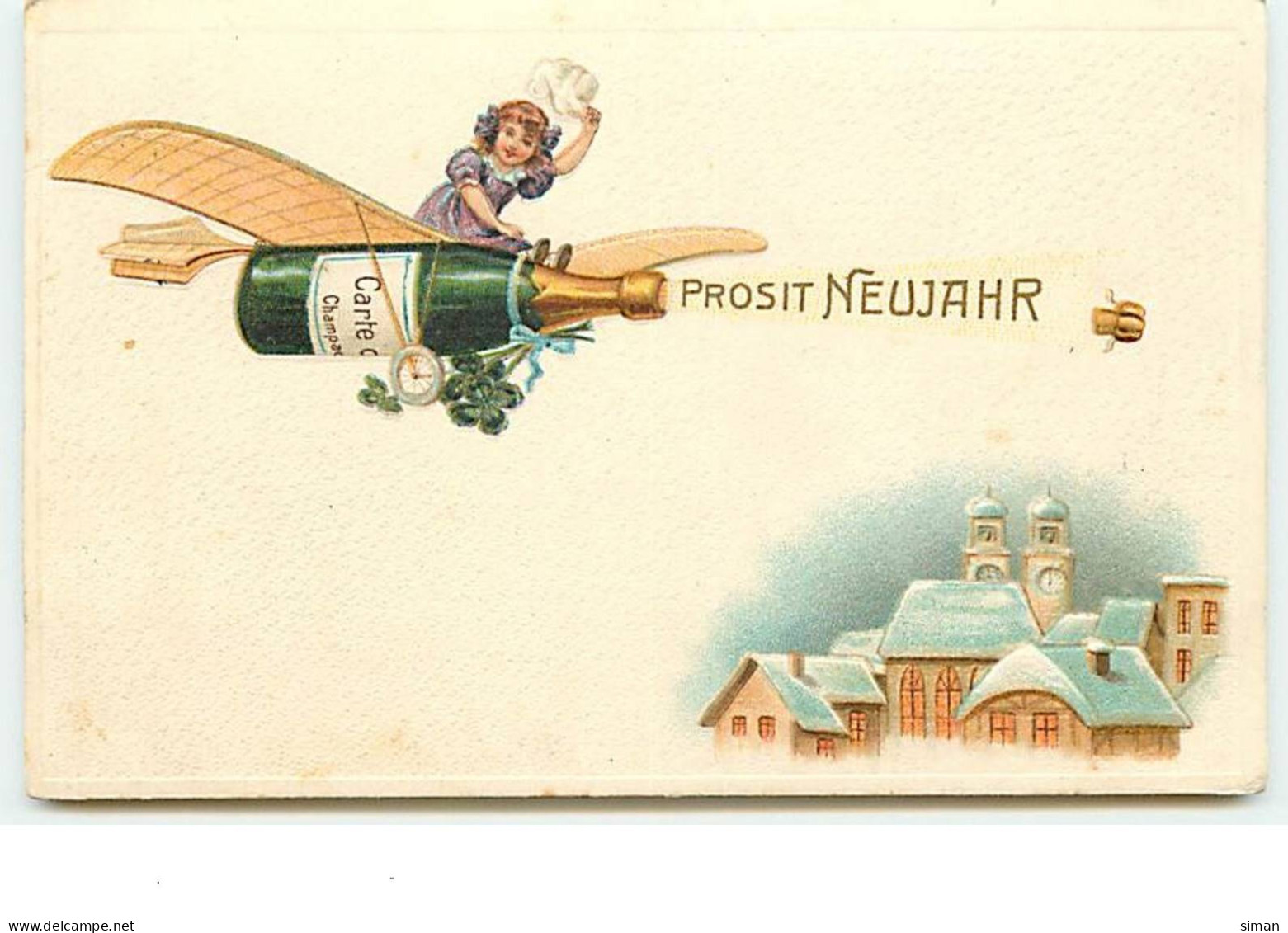 N°13892 - Carte Gaufrée - Prosit Neujahr - Fillette à Califourchon Sur Une Bouteille De Champagne En Avion - Nouvel An