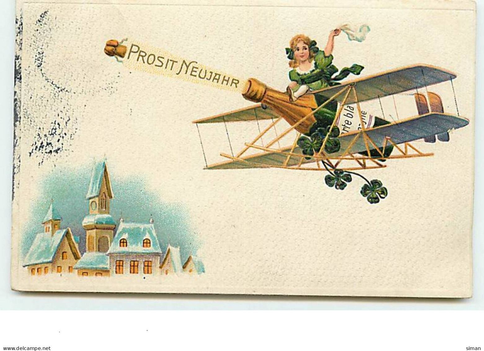 N°13893 - Carte Gaufrée - Prosit Neujahr - Fillette à Califourchon Sur Une Bouteille De Champagne En Avion - Nouvel An