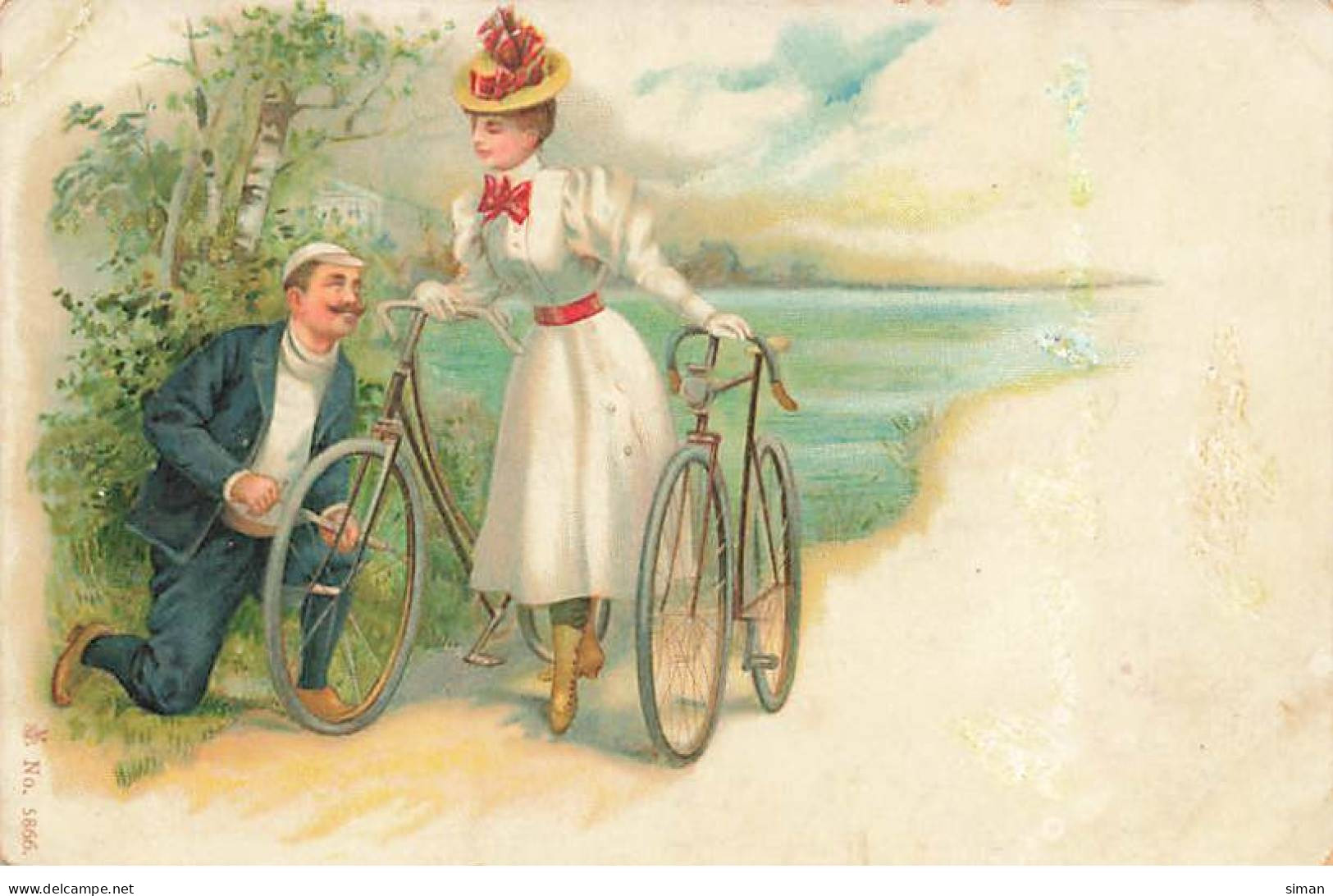 N°23847 - Fantaisie - Couple, L'homme Regonflant Un Pneu De Vélo - Sonstige & Ohne Zuordnung