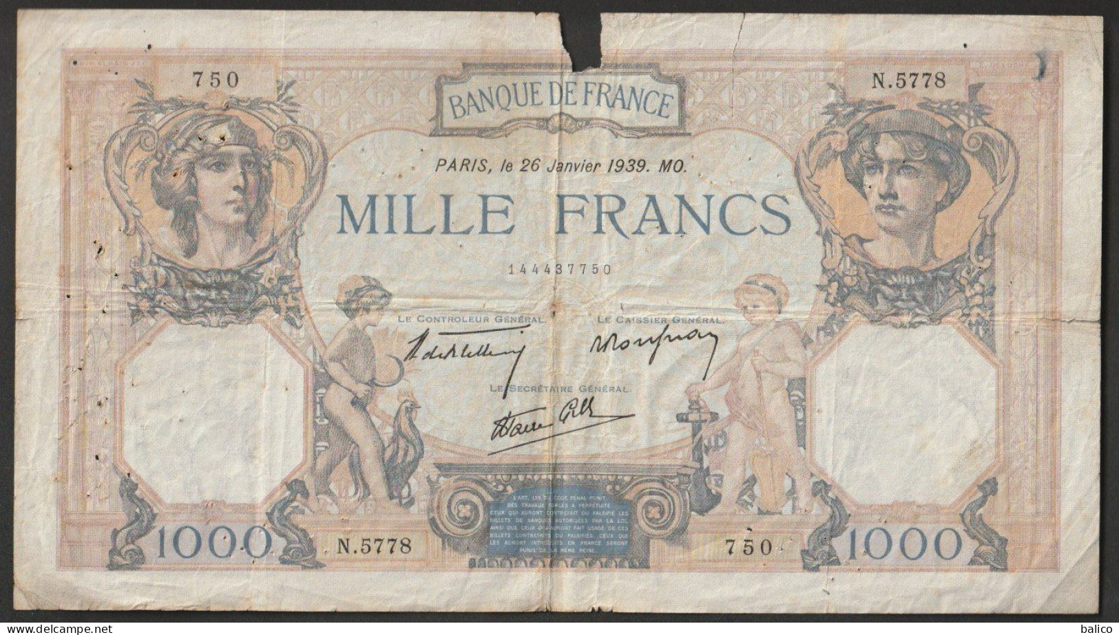 Billet 1000 Francs - Type Ceres Et Mercure - 26 Janvier 1939 - N.5778 - 750 - 1 000 F 1927-1940 ''Cérès Et Mercure''