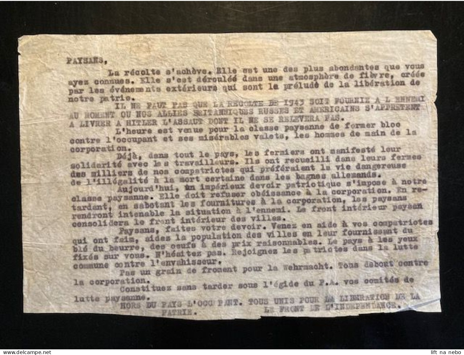 Tract Presse Clandestine Résistance Belge WWII WW2 'Paysans, La Récolte S'achève. Elle Est Une Des Plus Abondantes...' - Documenten