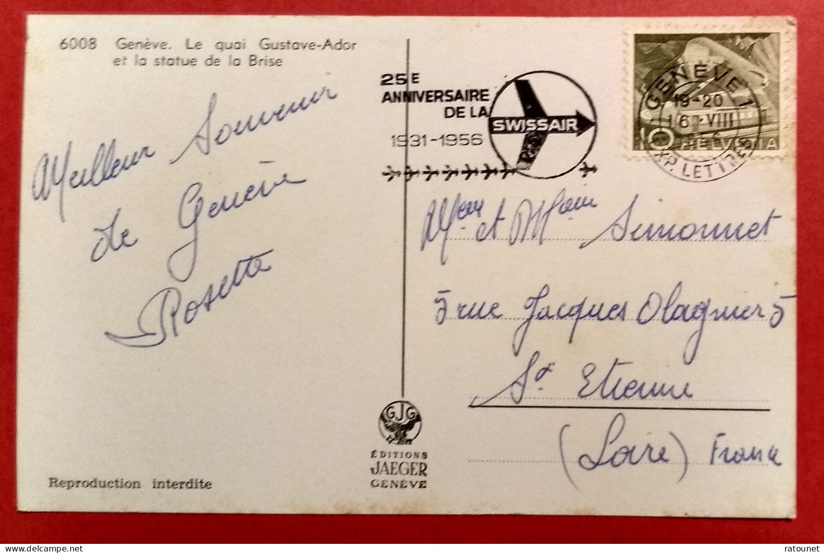 CH - SUISSE - GENEVE - Flamme 25e Anniversaire SWISSAIR 1956 * Sur CPSM Quai ADOR Et Statue De La BRISE * Aviation - Postage Meters