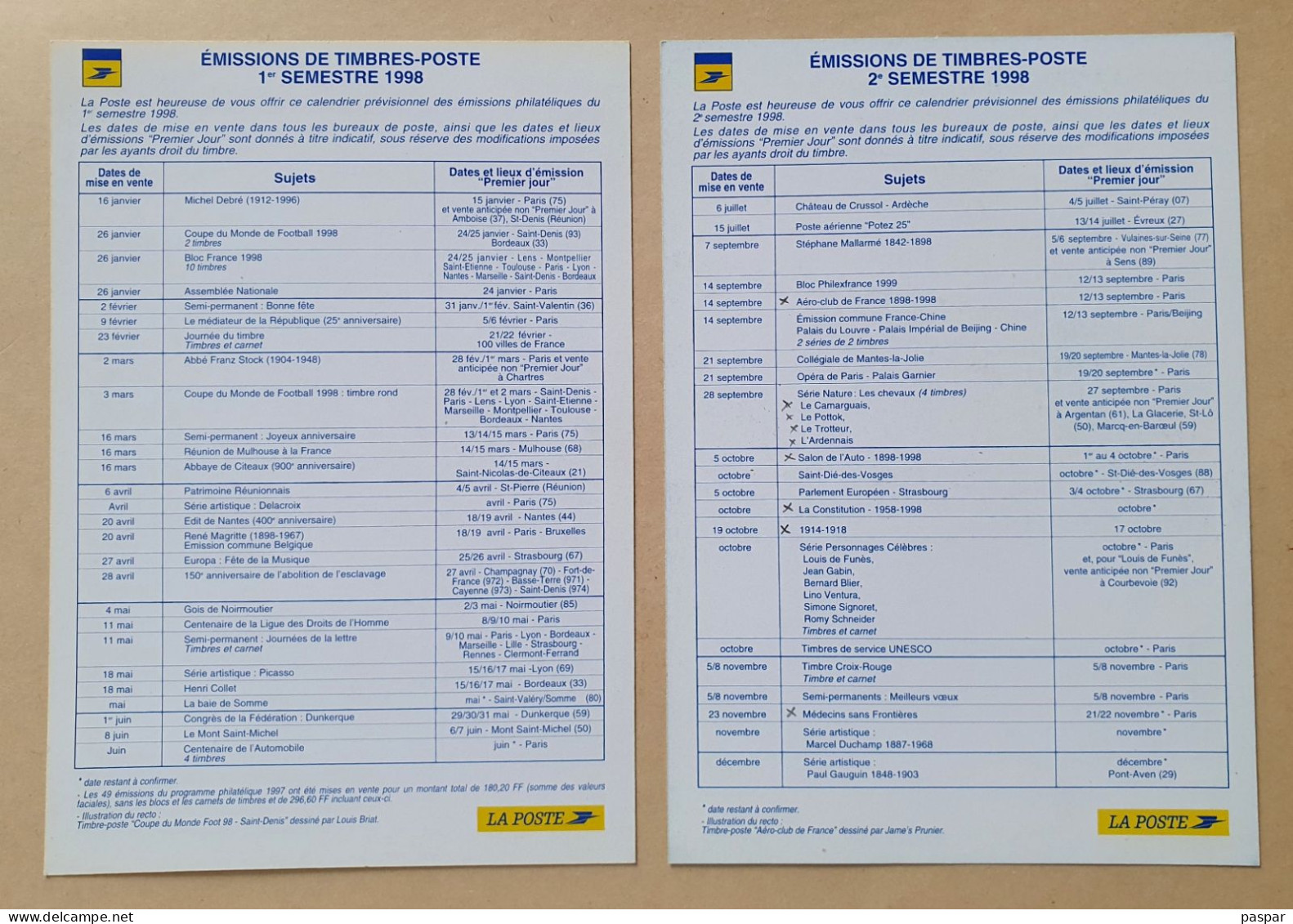 2 Calendriers Des émissions Philatéliques 1998 1er Semestre Et 2ème Semestre - La Poste - Documenten Van De Post