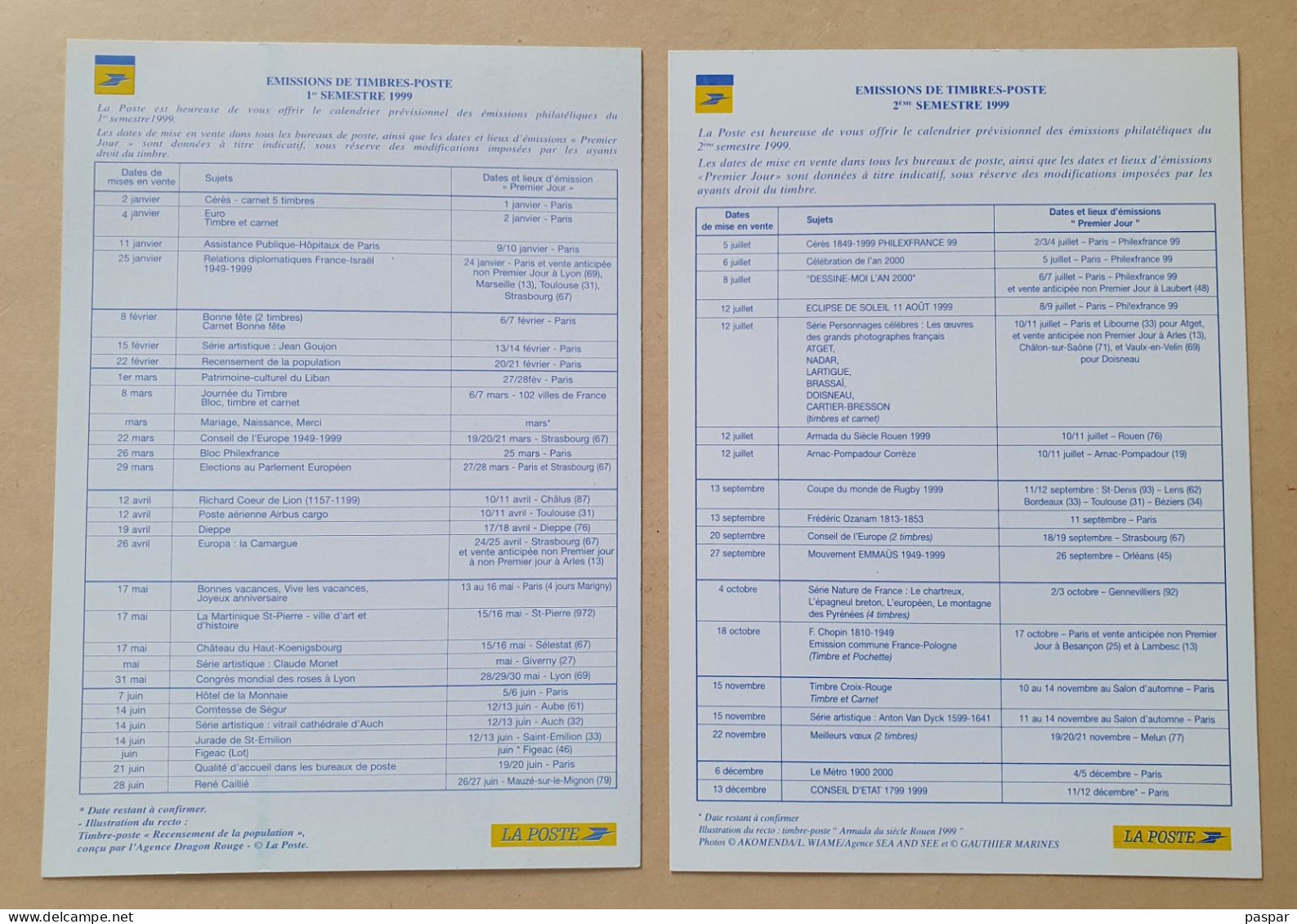 2 Calendriers Des émissions Philatéliques 1999 1er Semestre Et 2ème Semestre - La Poste - Documentos Del Correo