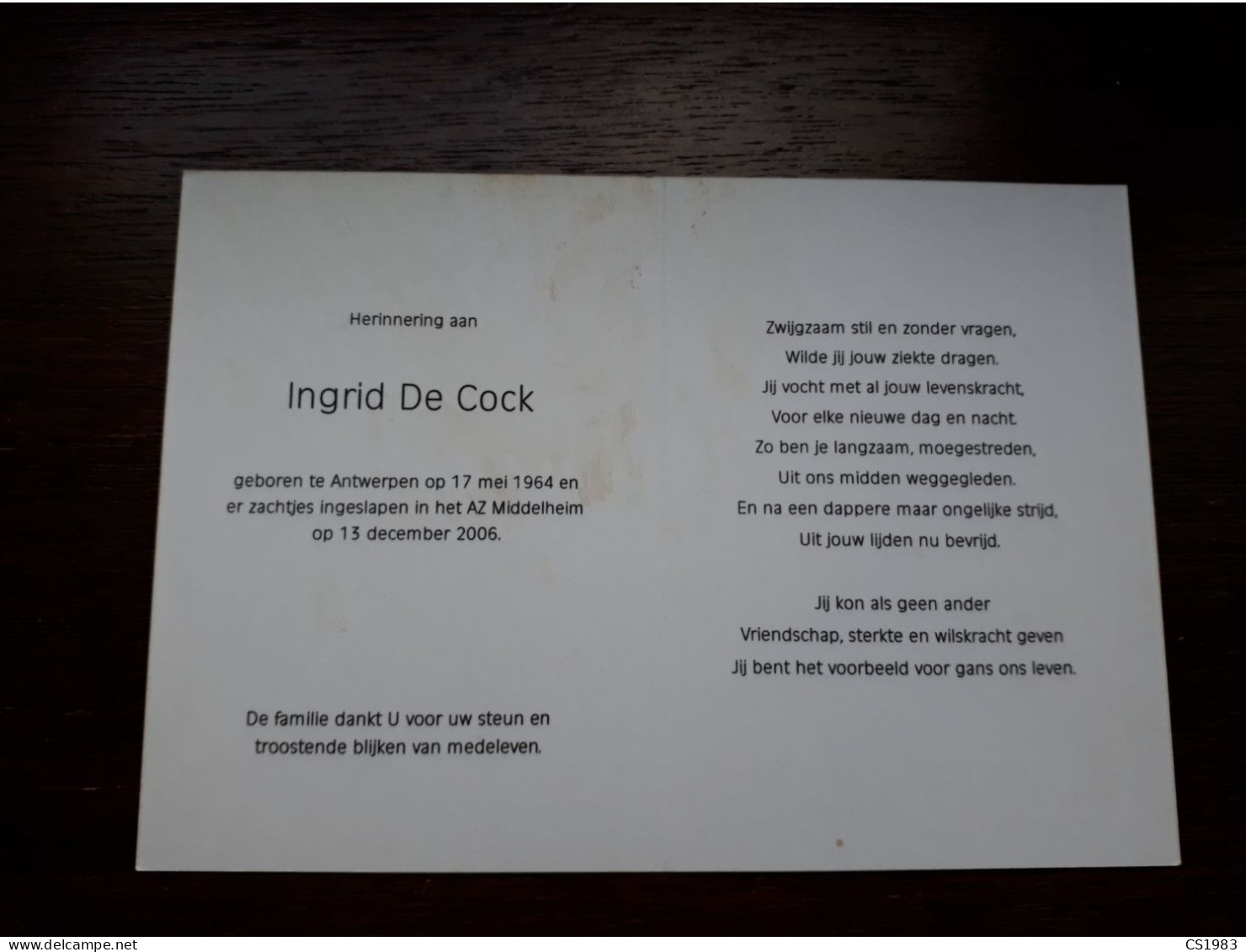 Ingrid De Cock ° Antwerpen 1964 + Antwerpen 2006 - Esquela
