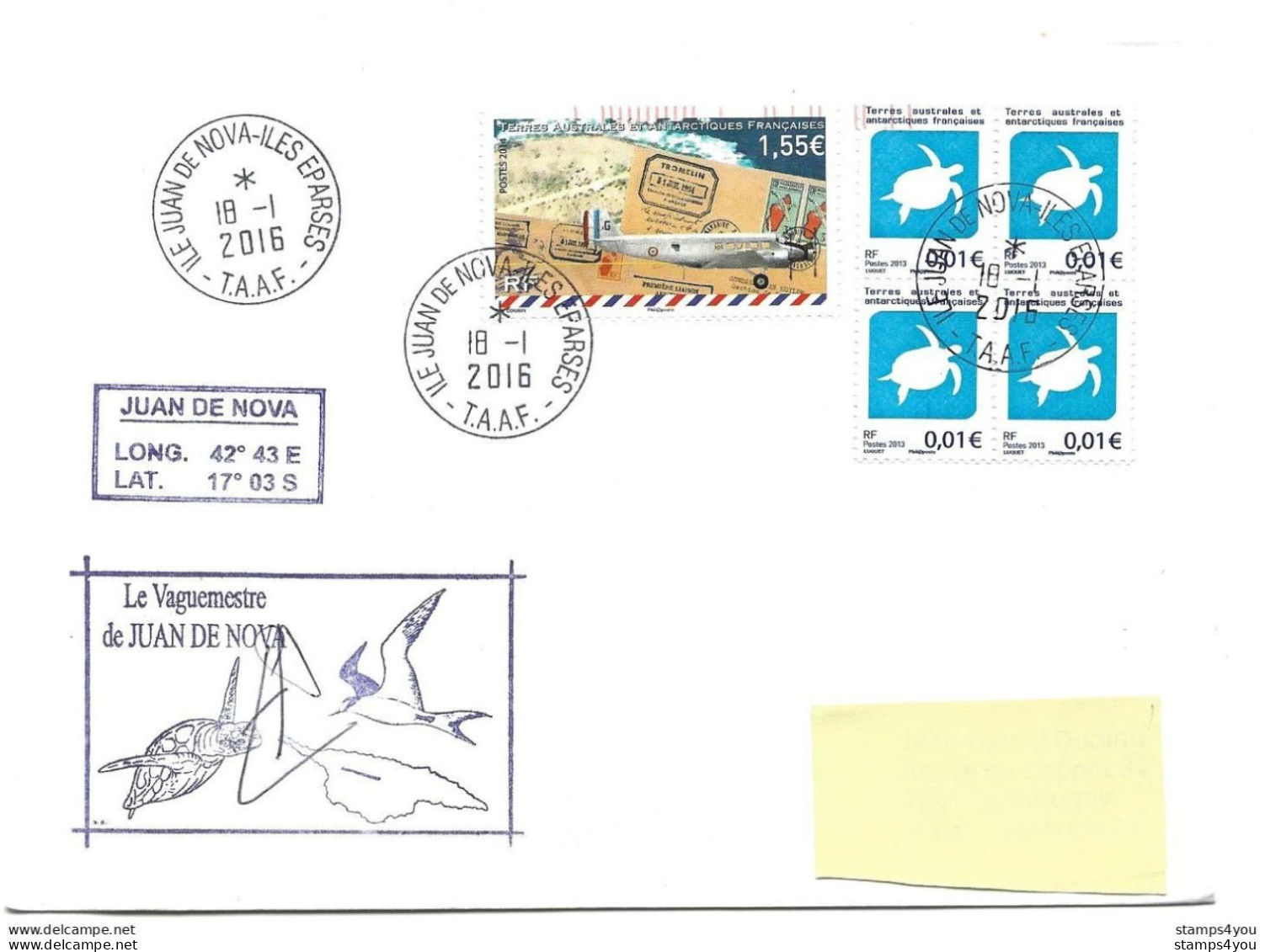 255 - 59 - Enveloppe TAAF Iles Eparses Juan De Nova 2016 - Timbres Et Cachet Thème Tortue - Turtles