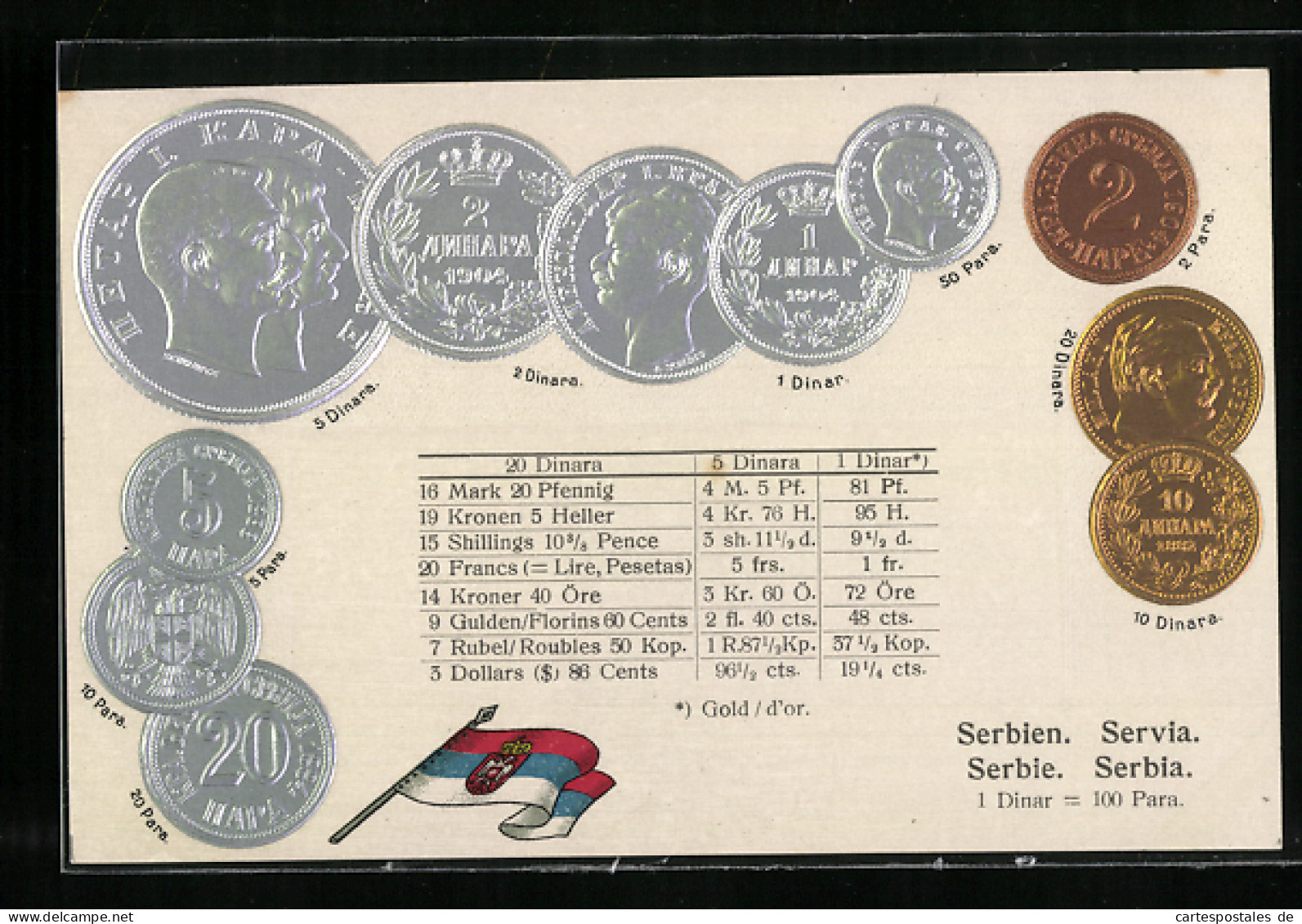 AK Serbien, Münz-Geld, Wechselkurstabelle, Nationalflagge  - Monnaies (représentations)