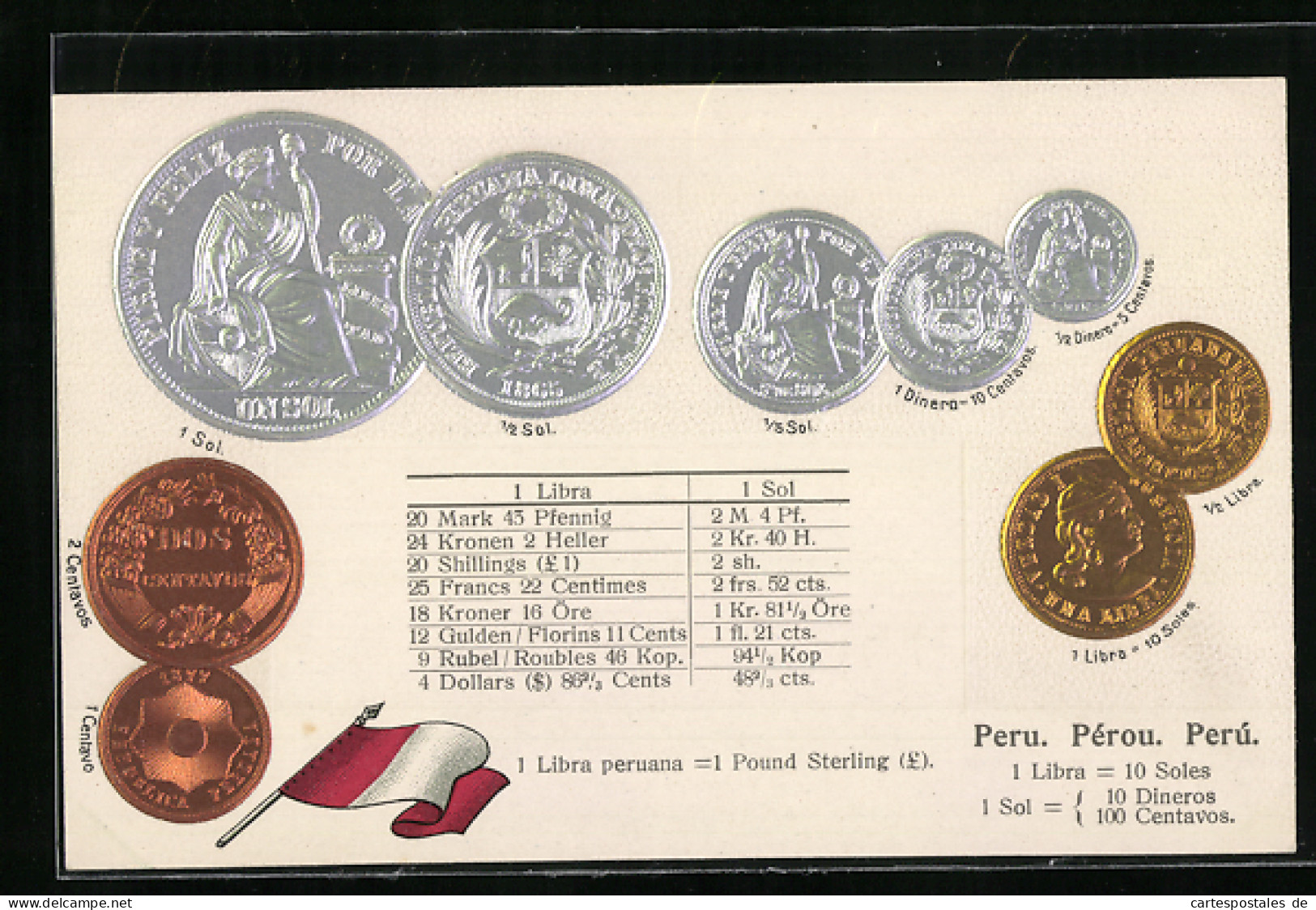 AK Peru, Münz-Geld, Wechselkurstabelle, Nationalflagge  - Monedas (representaciones)