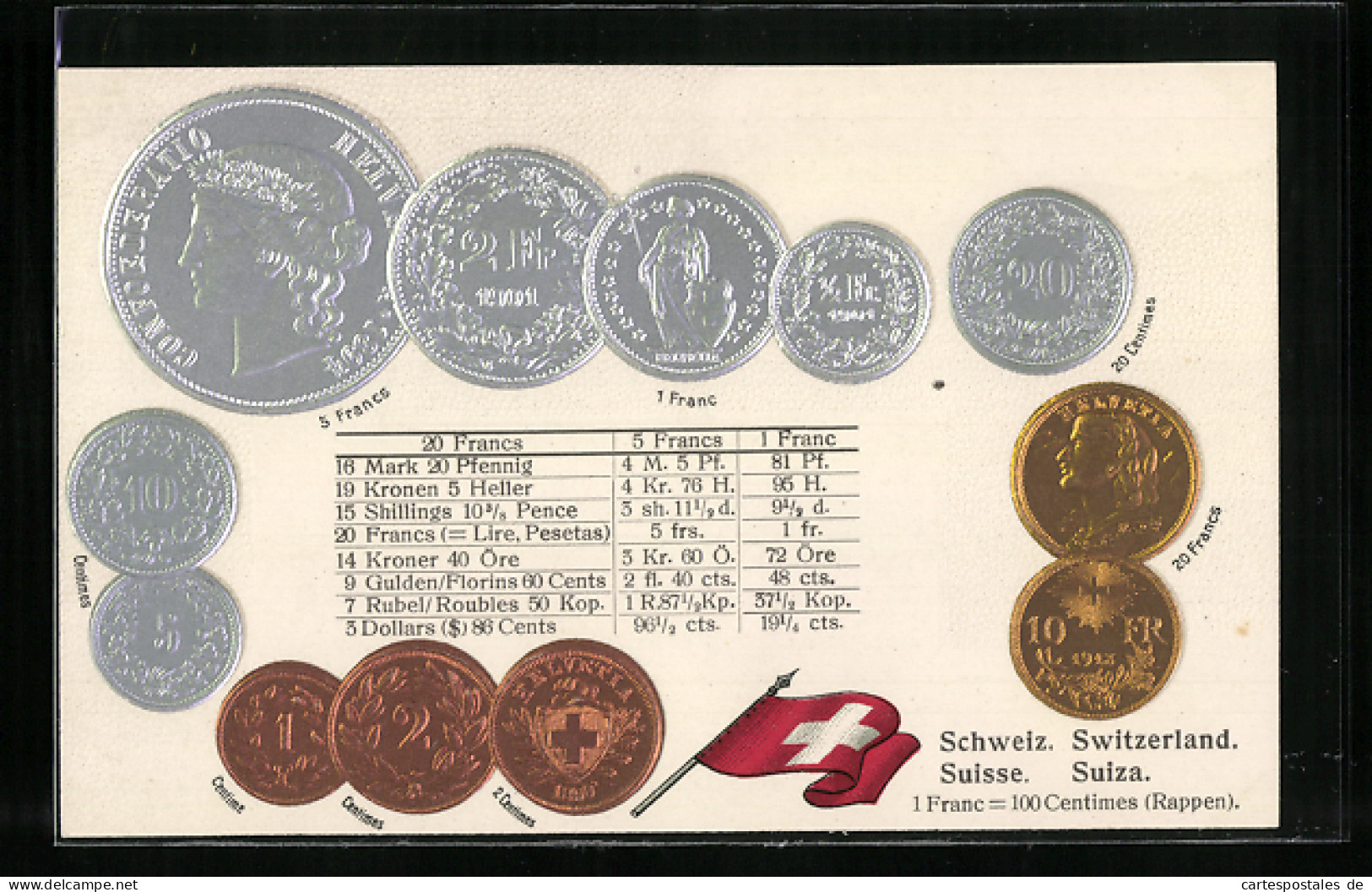 AK Schweiz, Geldmünzen Mit Verschiedenen Werten, Umrechnungstabelle, Nationalflagge  - Munten (afbeeldingen)