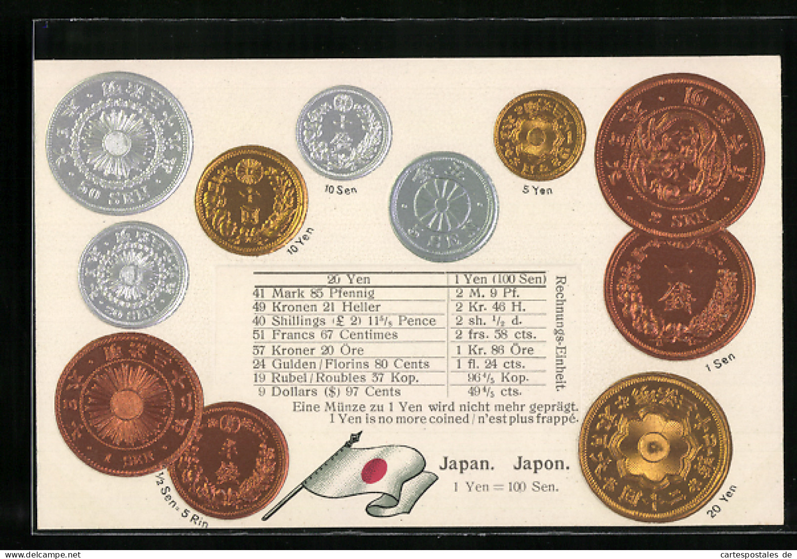 AK Japan, Münzen, Flagge, Werttabelle Yen  - Monedas (representaciones)