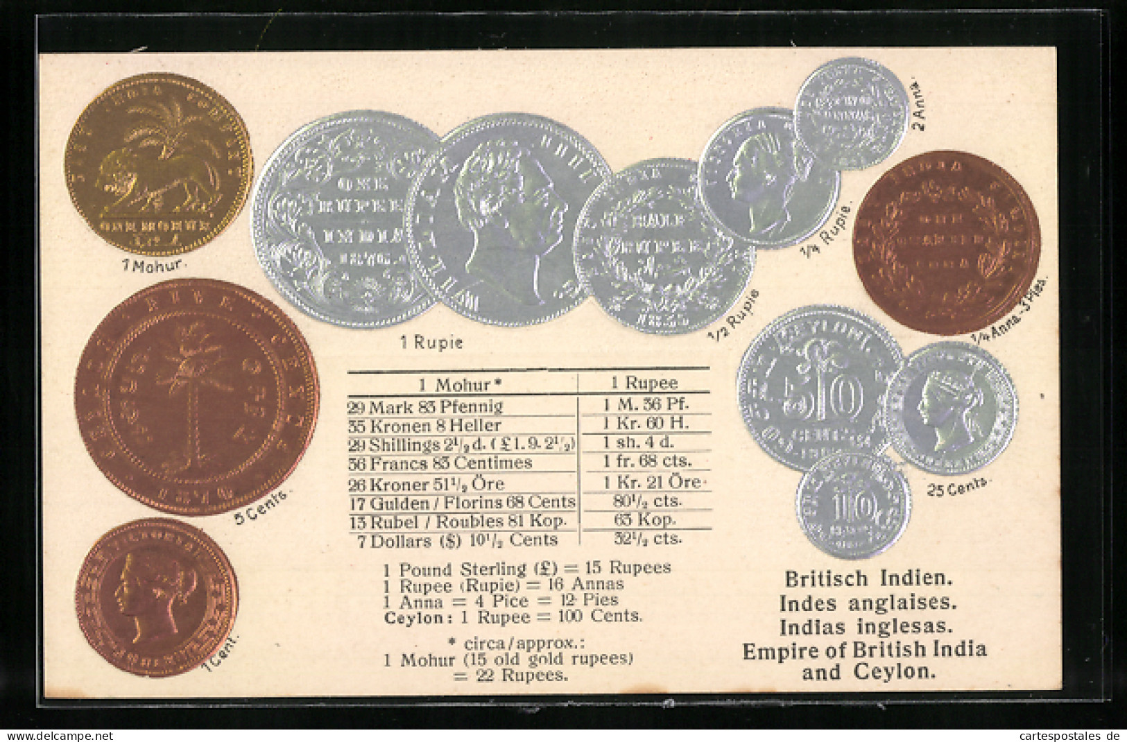 AK Britisch Indien, Münz-Geld, Währungstabelle  - Münzen (Abb.)