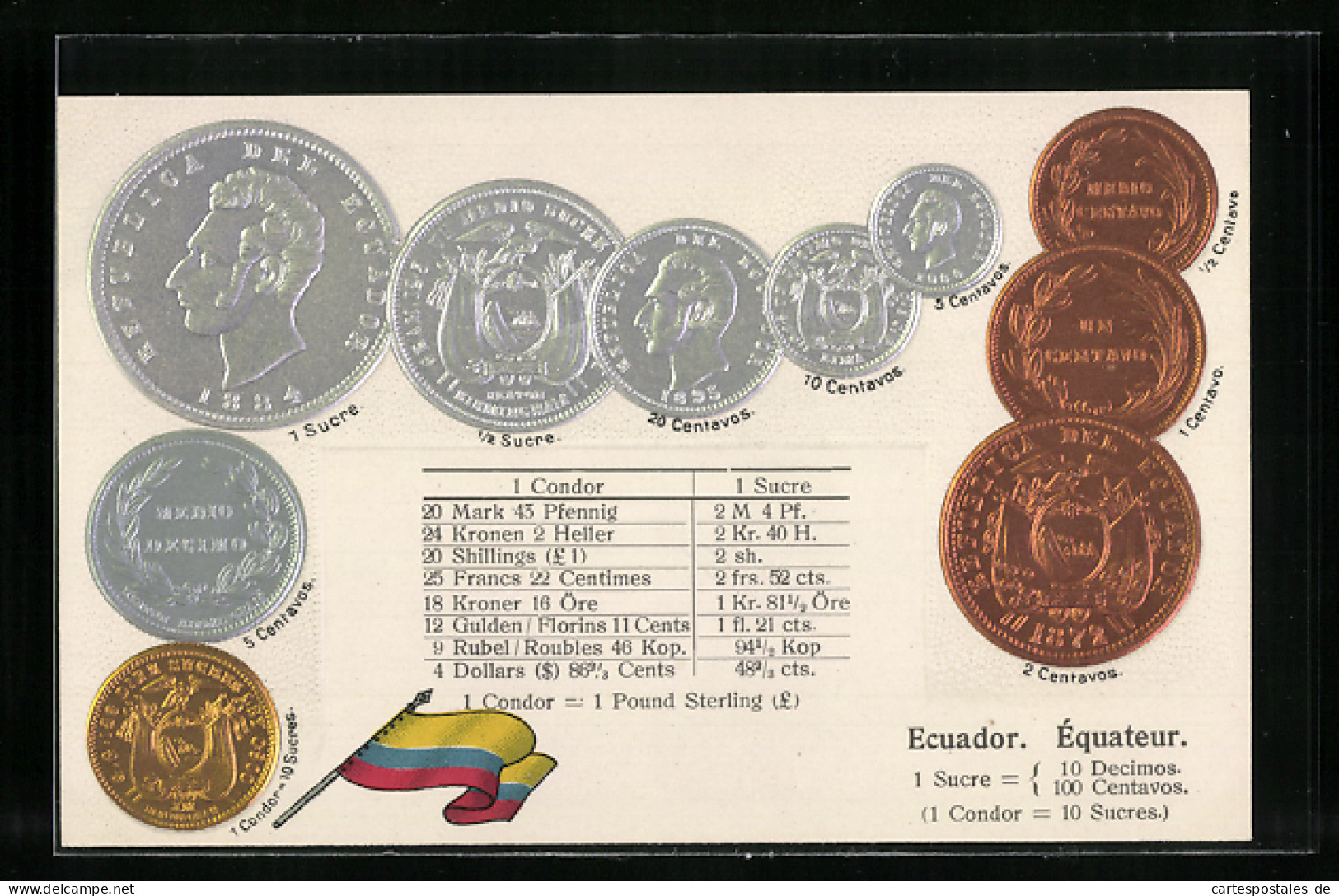 AK Ecuador, Nationalflagge Und Münzen Ecuadors Mit Umrechnungstabelle  - Coins (pictures)